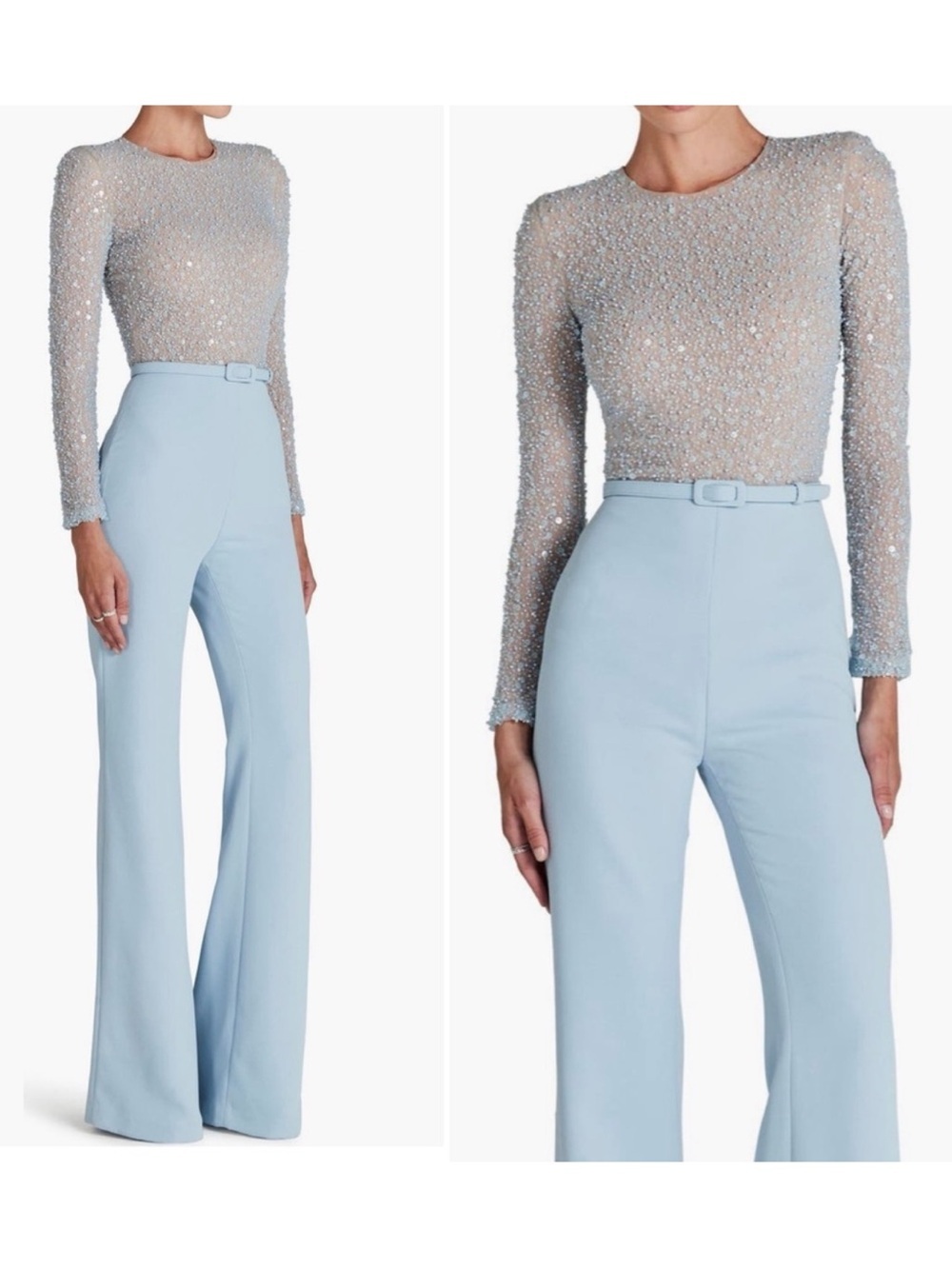 Nadine Merabi Misha Beaded Long Sleeve Wide Leg Jumpsuit Light Blue